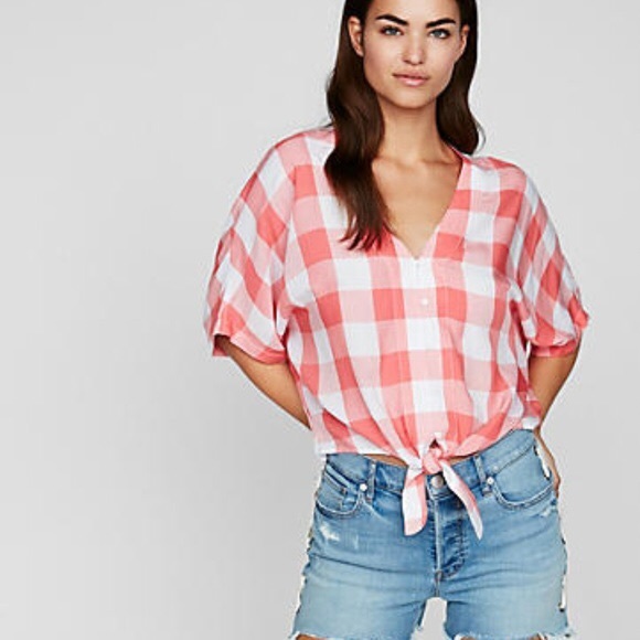 Express Tops - Express coral gingham tie front top
